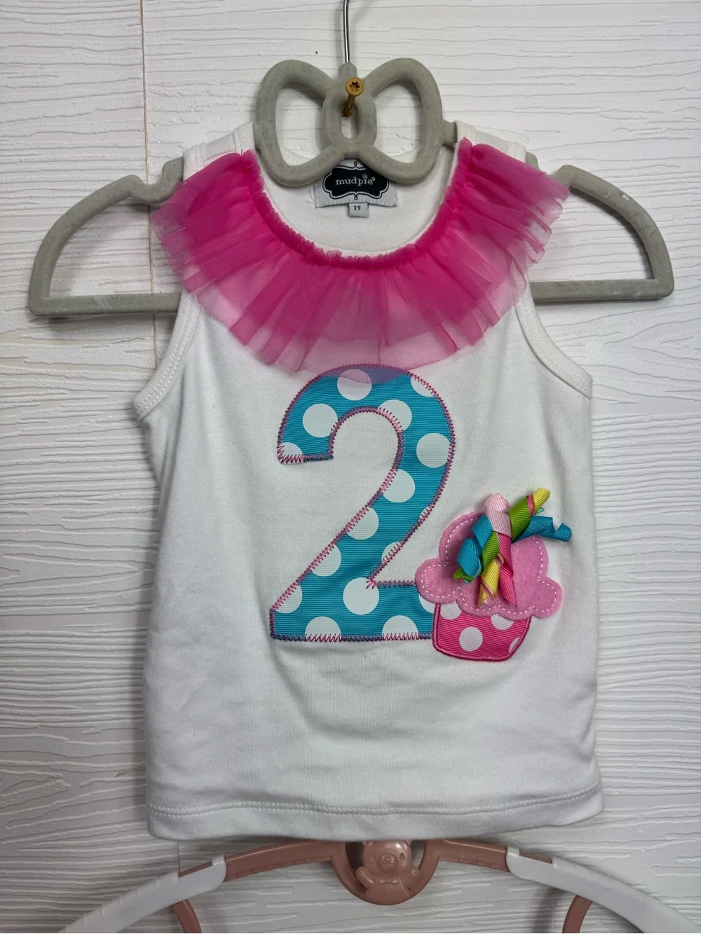 Mud Pie White Tank with Pink Tulle Collar and Rainbow Tutu 2 Year Old birthday